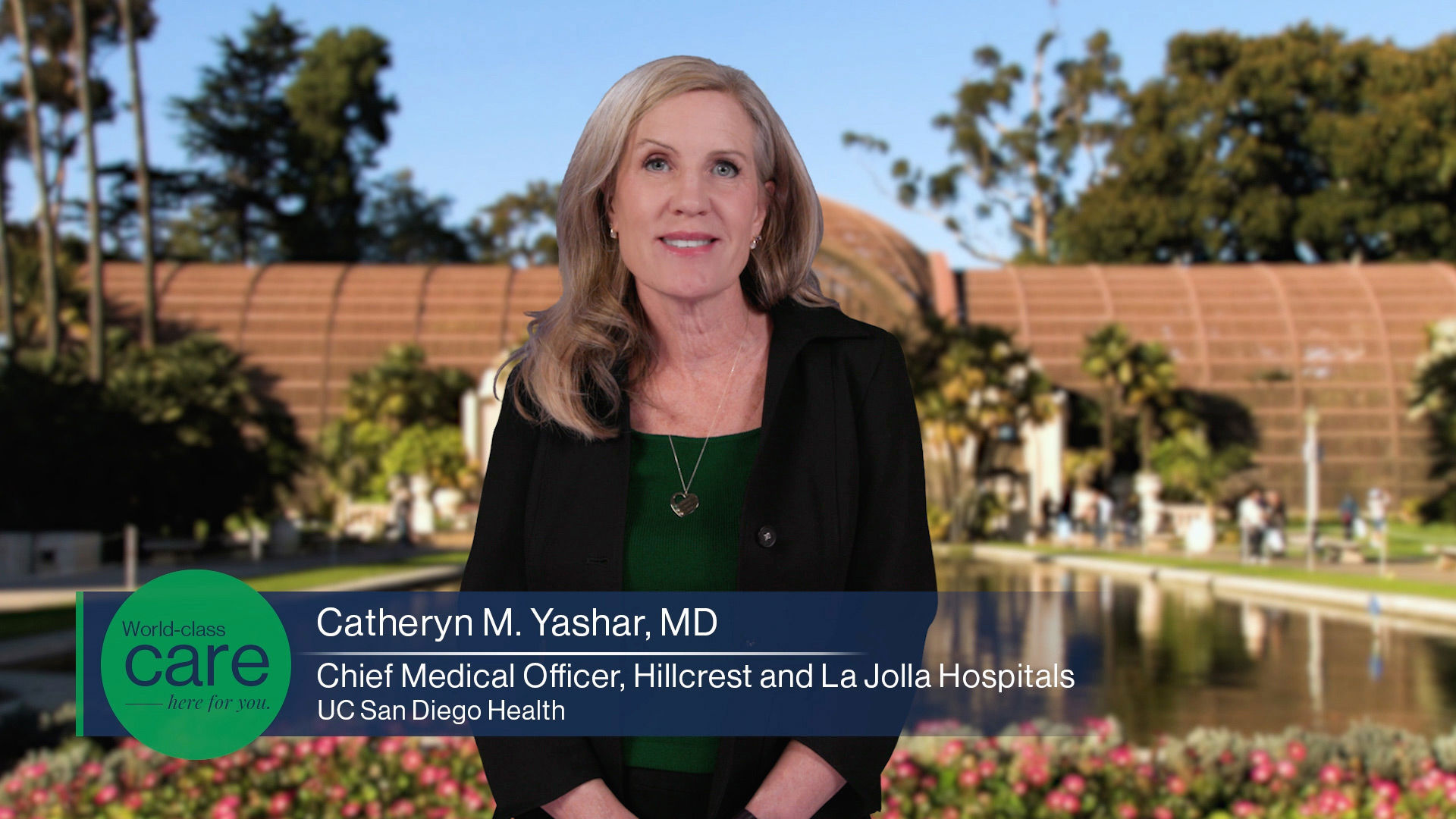 Dr. Catheryn Yashar talking on video at Balboa Park