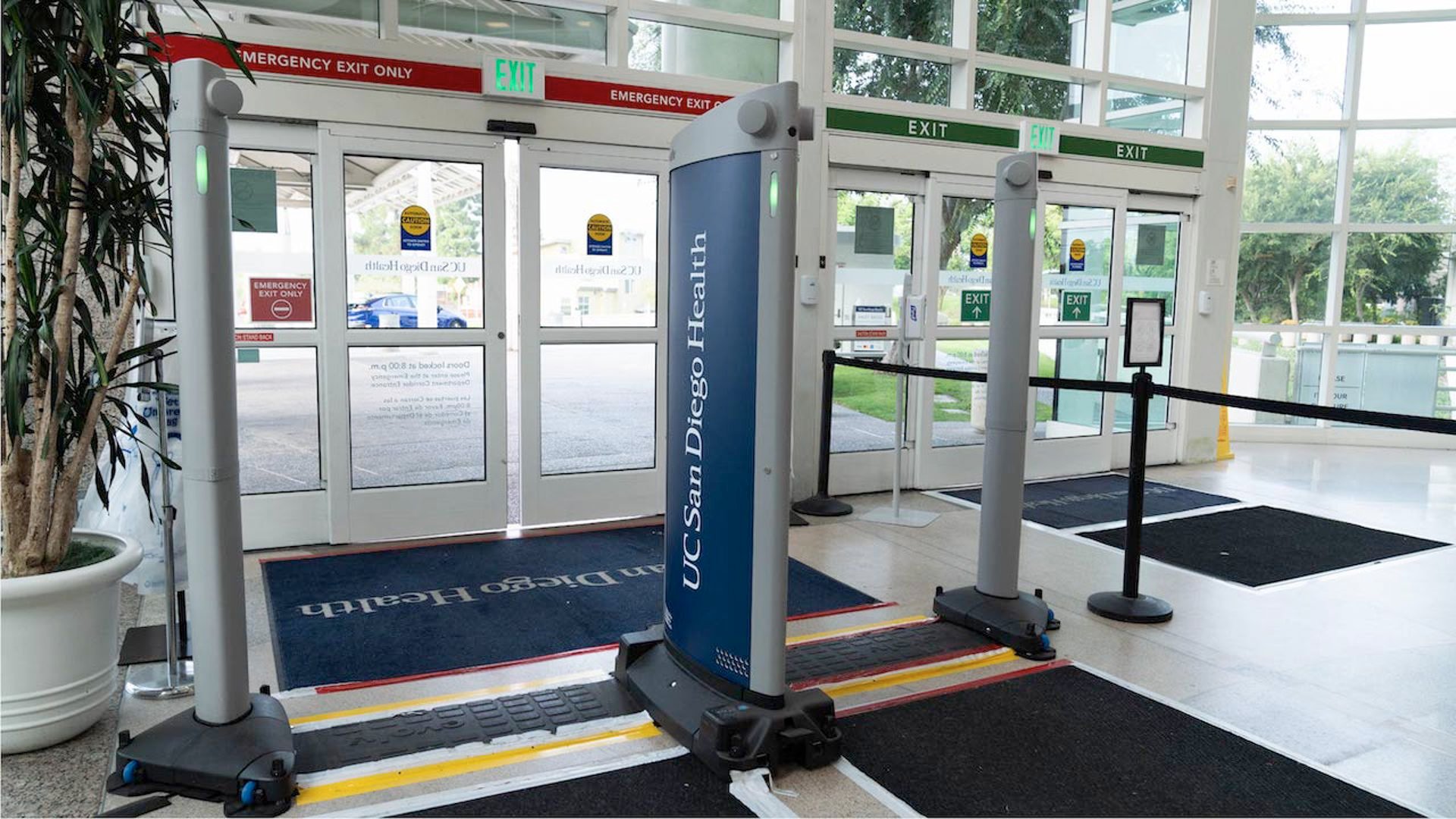 weapons screening system at the entrance of a UC San Diego Health hospital