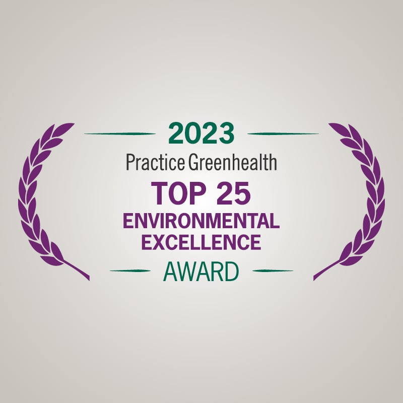Graphic with text 2023 Practice Greenhealth Top 25  environmental excellence award