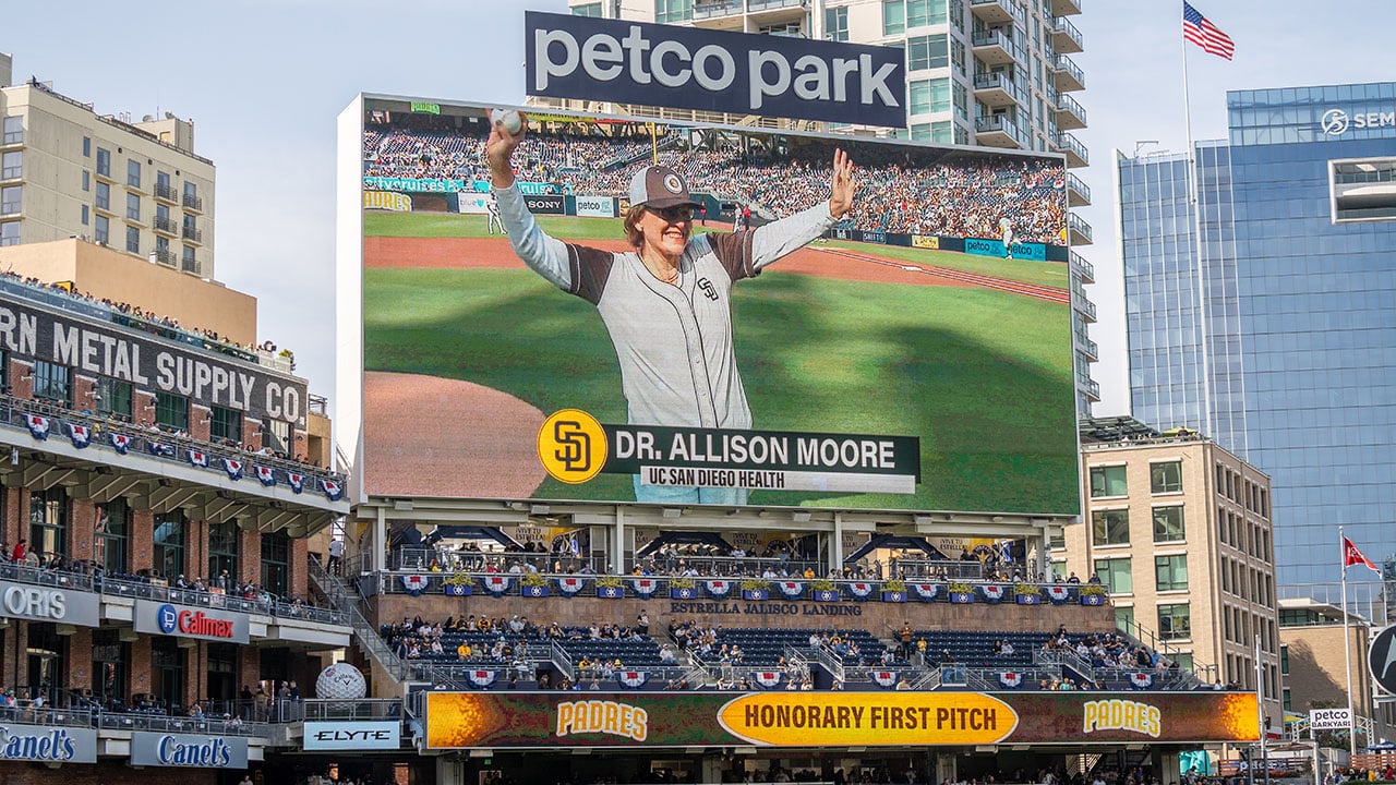 Alison Moore projected on jumbo screen at Petco Park