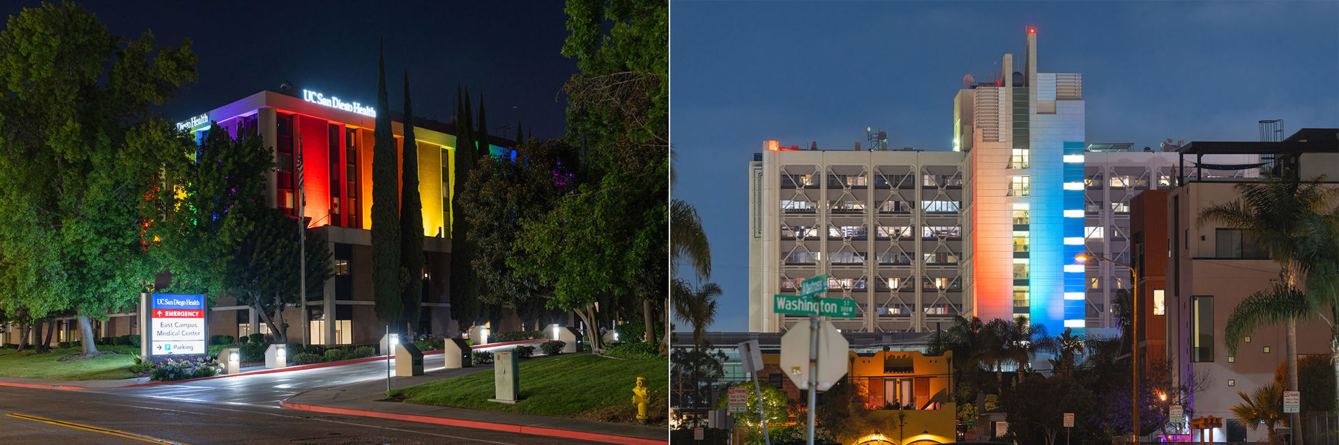 East Medical Campus and Hillcrest Medical Center lit up with Pride colors
