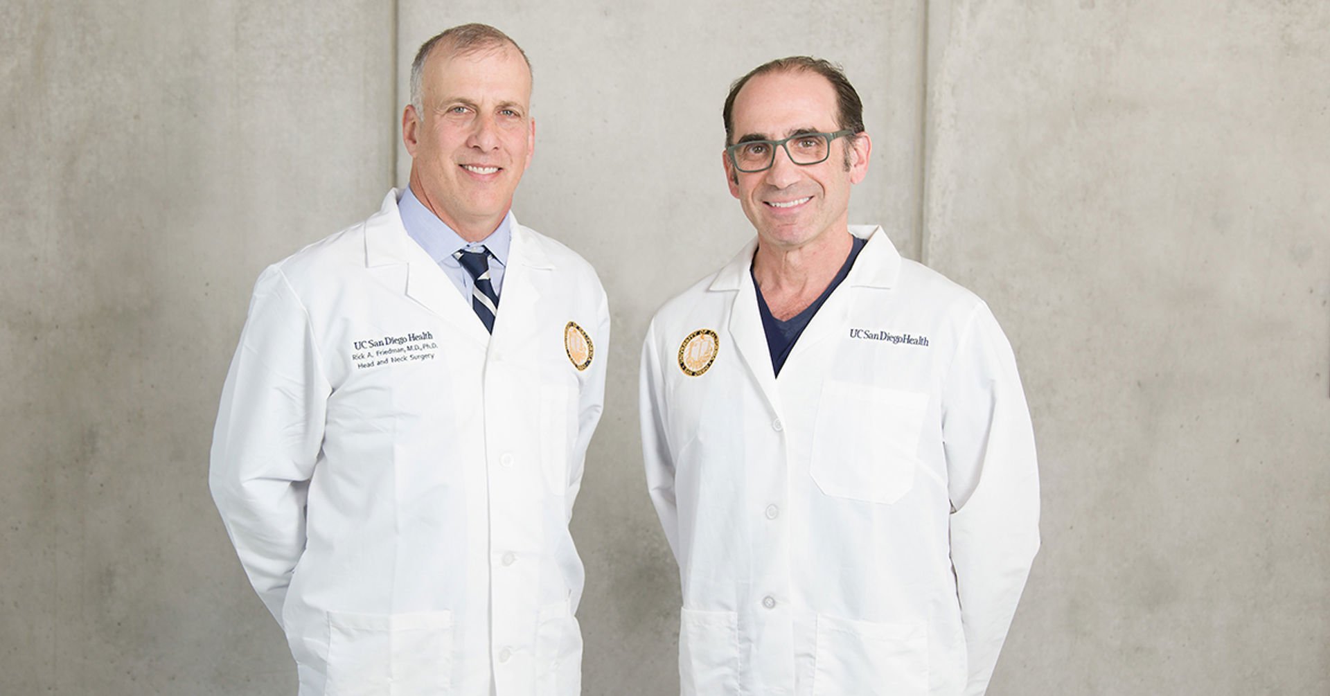 Pictured above from left to right are Rick Friedman, MD, PhD, and Marc Schwartz, MD, internationally recognized co-directors of the acoustic neuroma program at UC San Diego Health. They work with a multidisciplinary team of specialists and researchers to advance treatment options for acoustic neuroma and deliver exceptional care. Photo credit: Kyle Dykes | UC San Diego Health