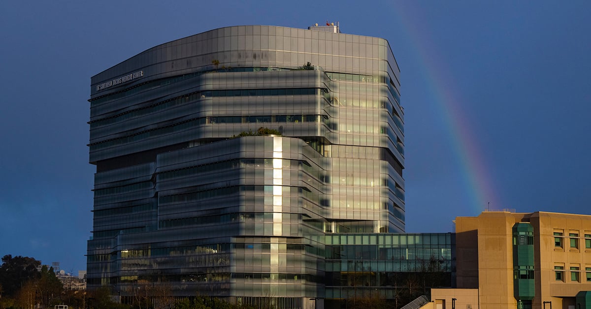 Jacobs Medical Center with rainbow photo by Erik Jepsen, UCSD Publications