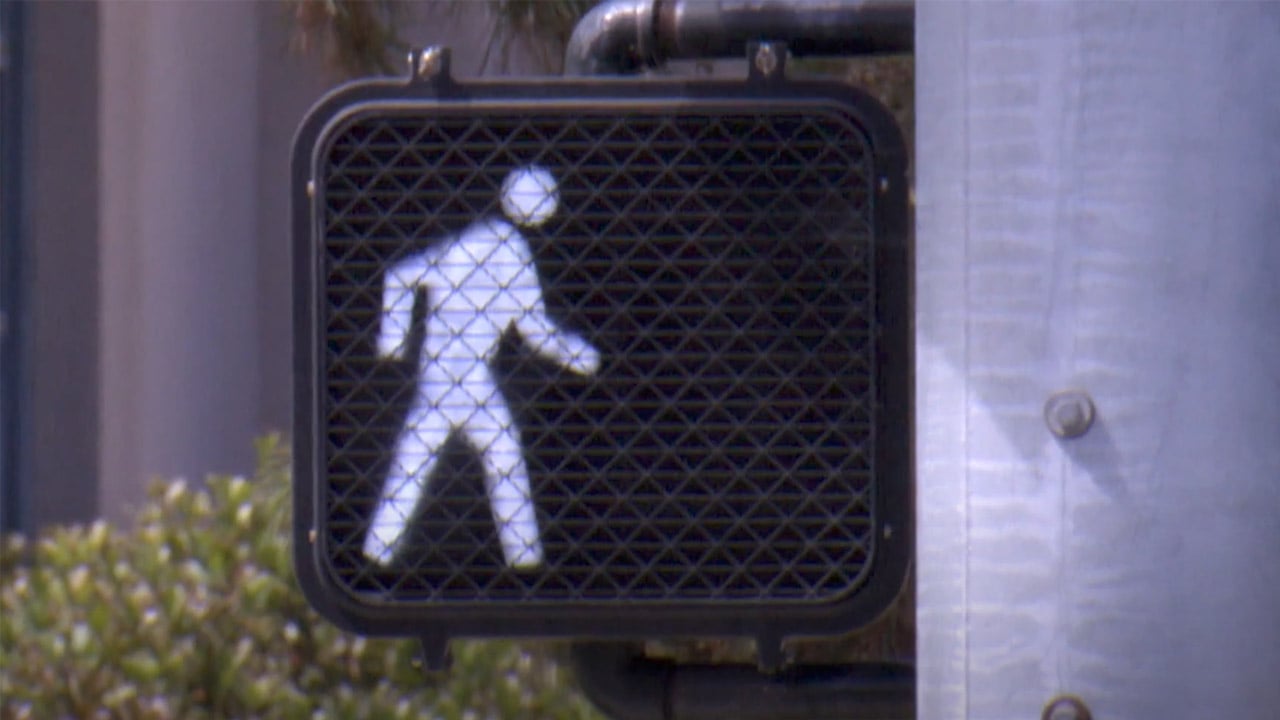 Traffic signal light with symbol of person in white light crossing