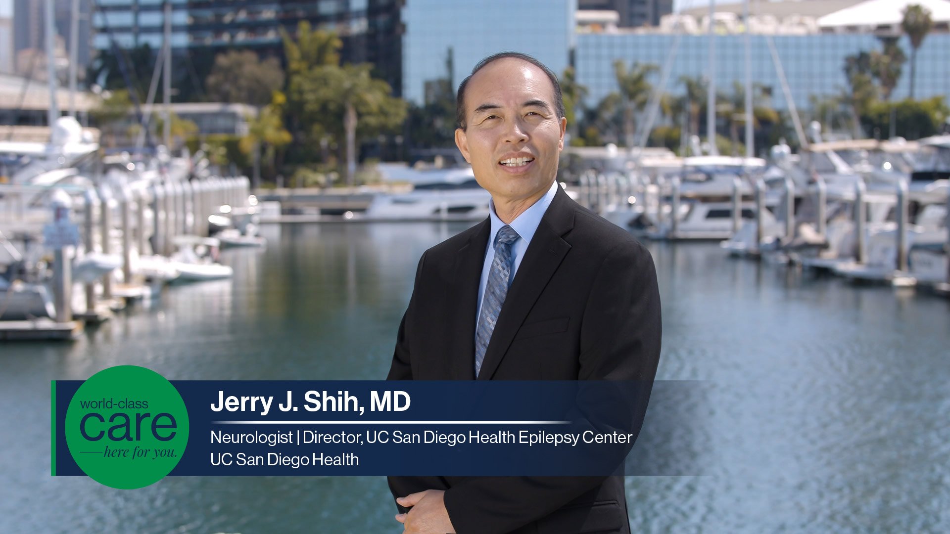 Dr. Jerry Shih, neurologist, shown with a graphic with the words "world-class care here for you"