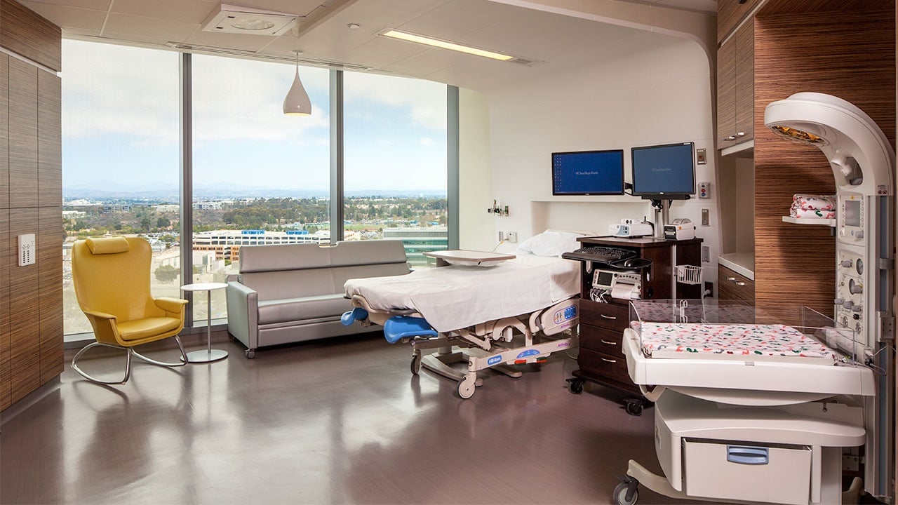 Maternity care room at Jacobs Medical Center in La Jolla 